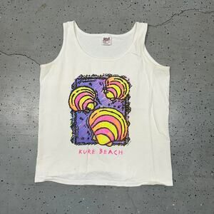 1980s Kure Beach single stitch tank top - white and multicoloured